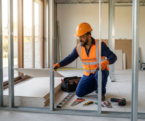 Técnico de Mantenimiento RD instalando sheetrock en construcción ligera