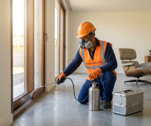 Técnico de Mantenimiento RD realizando desinfección y control de plagas en propiedad residencial