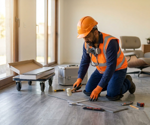 Técnico de Mantenimiento RD instalando piso de PVC en interior residencial