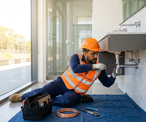 Técnico de Mantenimiento RD reparando tubería de plomería en baño residencial